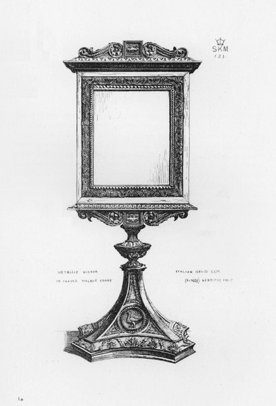 Specchio metallico in cornice di noce intagliata, italiano da English School