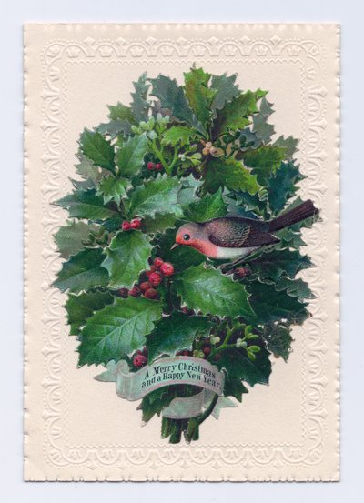 Cartolina natalizia e di Capodanno vittoriana con un pettirosso in un bouquet di foglie di agrifoglio, c.1880 da English School