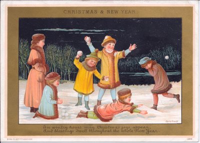 Cartolina natalizia e di Capodanno vittoriana con bambini che giocano nella neve e lanciano palle di neve, c.1880 da English School