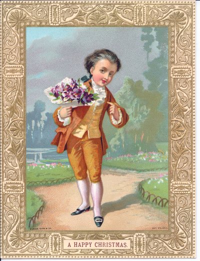 Cartolina natalizia vittoriana con un ragazzo vestito con abiti vittoriani che tiene un bouquet di fiori, c.1880 da English School
