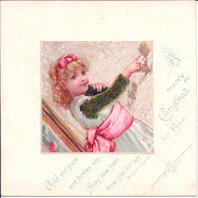 Cartolina di Natale vittoriana di una giovane ragazza che tiene un gatto e indica qualcosa, c. 1880 (litografia a colori) da English School