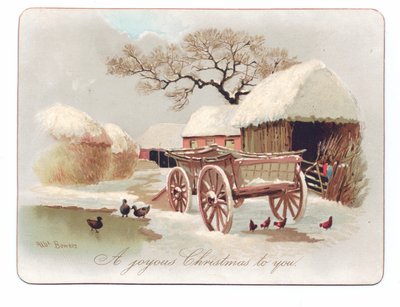 Cartolina natalizia vittoriana con anatre e galline vicino a uno stagno in un cortile, c.1880 da English School