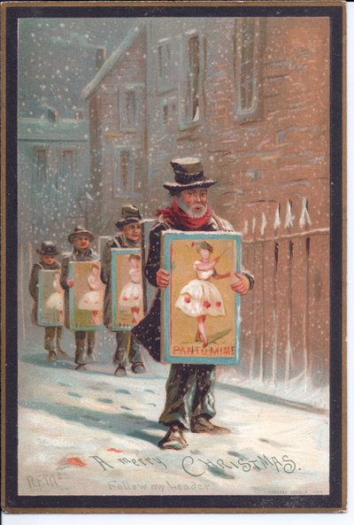 Cartolina natalizia vittoriana con quattro uomini che camminano nella neve portando cartelli pubblicitari di un pantomima, c.1880 da English School