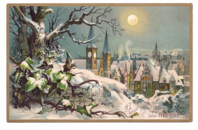 Cartolina di Capodanno vittoriana di una chiesa e case in una notte di luna innevata, c.1880 da English School