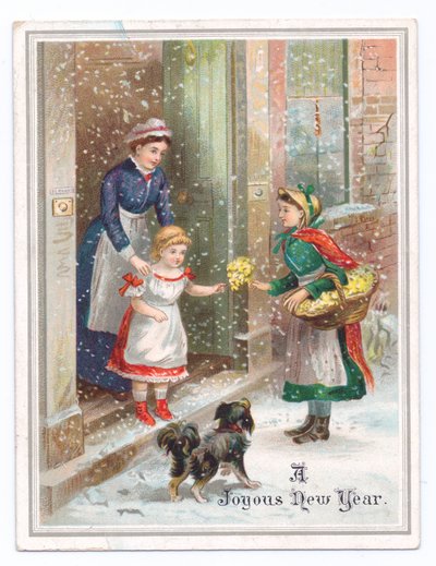 Cartolina di Capodanno vittoriana con una cameriera che tiene una bambina mentre compra fiori da un venditore di fiori sotto la neve, c.1880 da English School