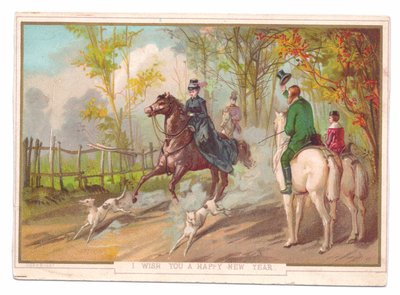 Cartolina di Capodanno vittoriana di una donna a cavallo con due cani salutata da un
