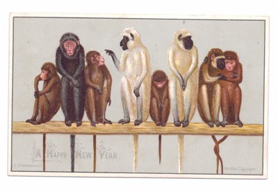 Cartolina di Capodanno vittoriana con otto scimmie su una sporgenza, c.1880 da English School