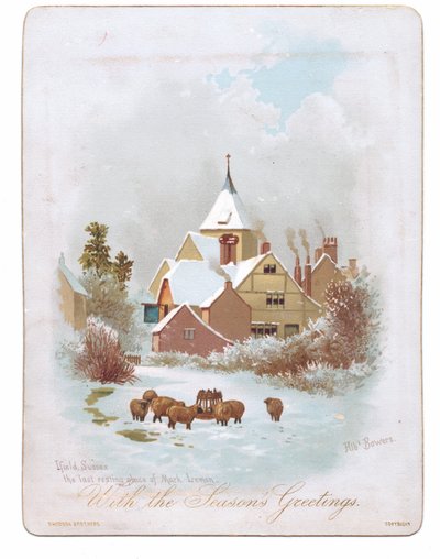 Cartolina di auguri vittoriana di pecore che vagano vicino a una chiesa nella neve, c.1880 da English School