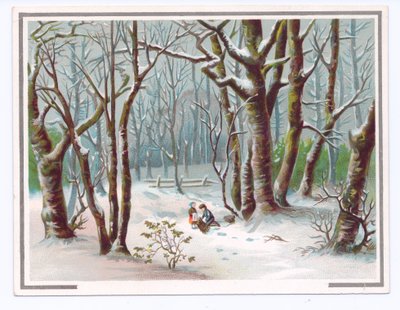 Cartolina di auguri vittoriana con due bambini che raccolgono rami nella neve, c.1880 da English School