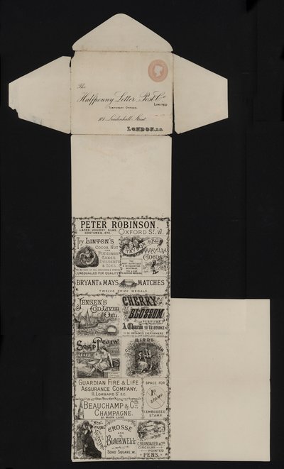 Cartoleria postale vittoriana della Halfpenny Letter Post Company, Leadenhall Street, Londra da English School