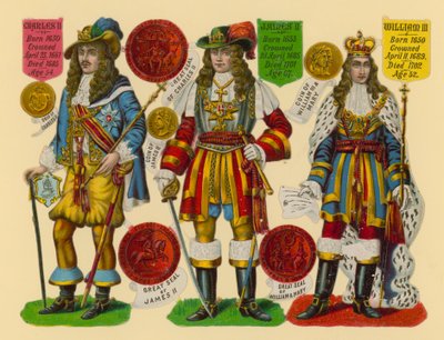 Ritaglio vittoriano: Re Carlo II, Re Giacomo II, Re Guglielmo III da English School
