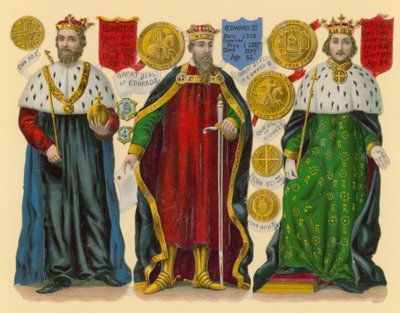 Ritaglio vittoriano: Re Edoardo II, Re Edoardo III, Re Riccardo II da English School
