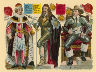 Ritaglio vittoriano: Re Giacomo I, Re Carlo I, Oliver Cromwell da English School