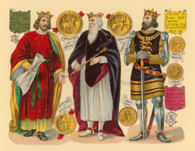 Ritaglio vittoriano: Re Giovanni, Re Edoardo I, Re Enrico III da English School