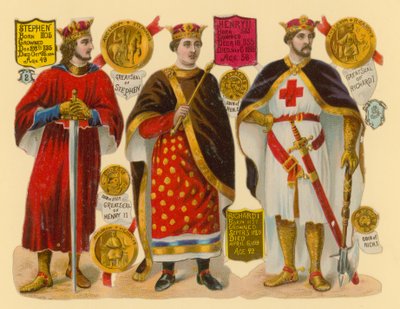 Ritaglio vittoriano: Re Stefano, Re Enrico II, Re Riccardo I da English School