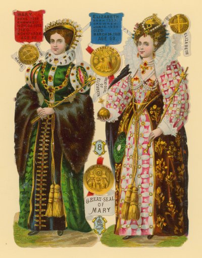Ritaglio vittoriano: Regina Maria I, Regina Elisabetta I da English School