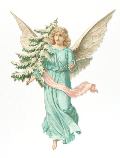 Rilievo di carta vittoriana di un angelo con un albero di abete, c.1880 da English School