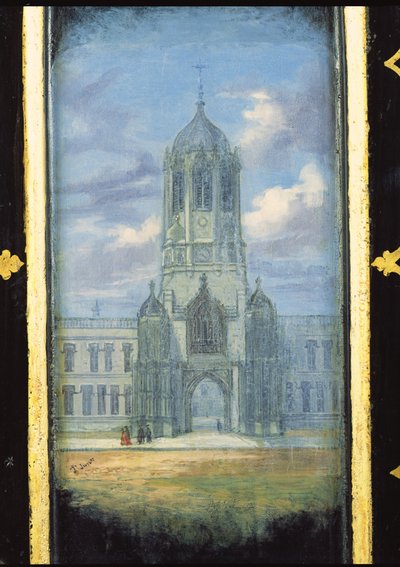 Pannello di un mobile da cucito vittoriano decorato con una scena del Christ Church, Oxford da English School