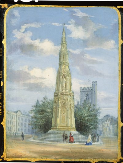 Pannello di un mobile da cucito vittoriano decorato con una scena del Martyrs Memorial, Oxford da English School