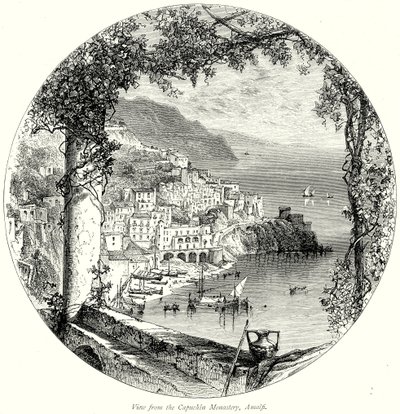 Vista dal Convento dei Cappuccini, Amalfi (incisione) da English School