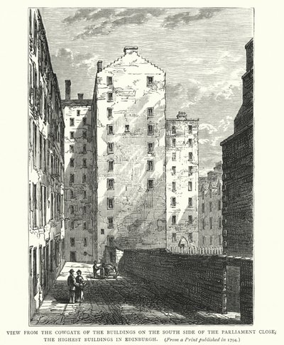 Vista dal Cowgate degli Edifici sul Lato Sud del Parliament Close, gli Edifici Più Alti di Edimburgo da English School