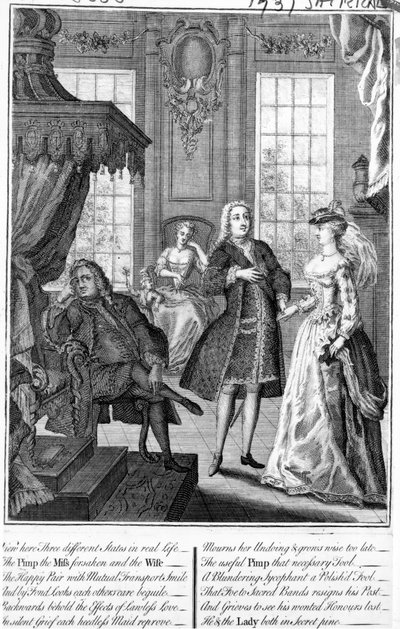 Tre diversi stati nella vita reale: il protettore, la signorina abbandonata e la moglie, 1735-6 da English School