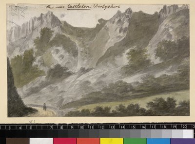 Veduta vicino a Castleton, Derbyshire, c.1790 (acquerello su matita su carta) da English School