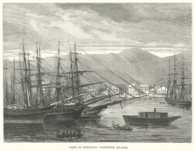 Veduta di Honolulu, Isole Sandwich (incisione) da English School