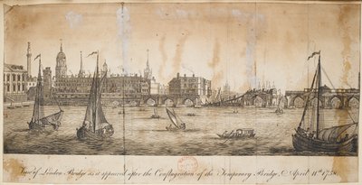 Veduta del London Bridge come appariva dopo il conglagratiion del ponte temporaneo, 11 aprile da English School