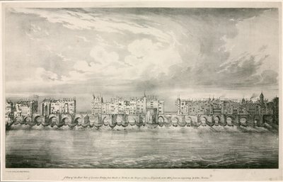 Vista del vecchio London Bridge come nel regno della regina Elisabetta I da English School