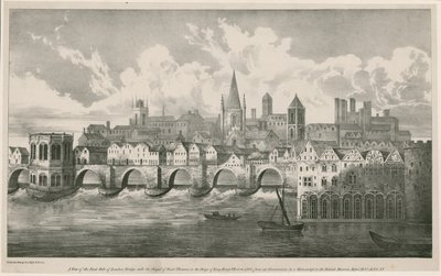 Vista del vecchio London Bridge come nel regno di re Enrico VII, circa 1500 da English School
