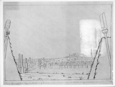 Veduta della Chiesa di Roxborough, Kings Arms e i camini della Casa di Browns, da un embrasure tra il sally port e il bastione destro delle linee, 1776 da English School