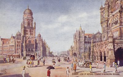 Veduta del Victoria Terminus e del Municipal Building, Bombay (litografia a colori) da English School