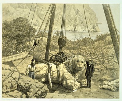 Vista di un leone colossale che viene sollevato, da A History of Discoveries at Helicarnassus, Cnidus, & Branchidae, di Charles Thomas Newton, pub. 1862 da English School