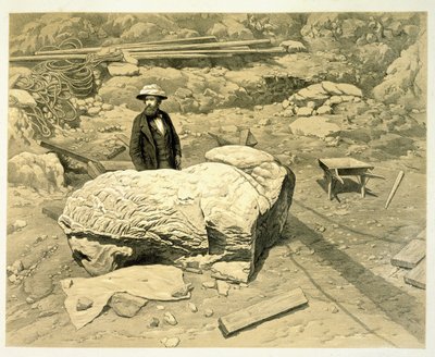 Vista di un leone colossale su un lato, con Newton dietro, da A History of Discoveries at Helicarnassus, Cnidus, & Branchidae, di Charles Thomas Newton, pub. 1862 da English School
