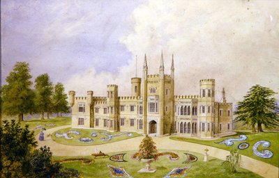 Vista di una casa di campagna in stile gotico con un giardino formale, c.1840 da English School