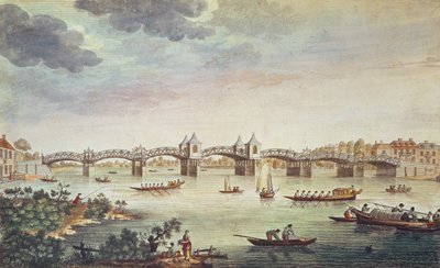 Vista del ponte sul Tamigi a Hampton Court, inciso da John Bowles (fl. 1724-56) da English School