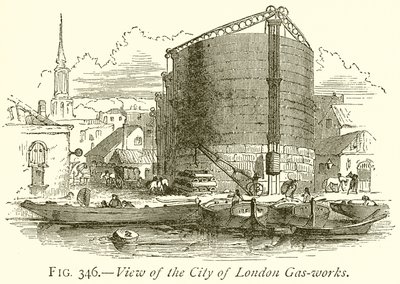 Veduta della città dei gasometri di Londra da English School