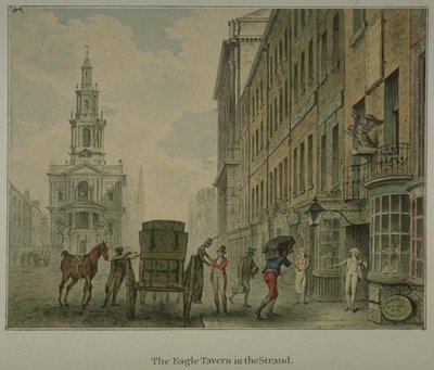 Veduta della Eagle Tavern nello Strand, Westminster, con un uomo che scarica prodotti da un carro trainato da cavalli sulla strada e St Mary le Strand in lontananza, c.1800 da English School