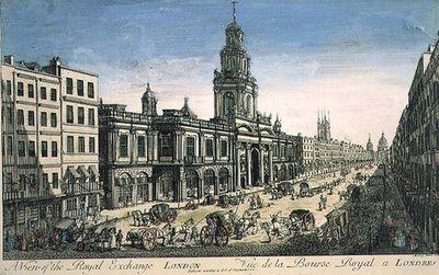 Veduta della Royal Exchange, Londra, inciso da Pierre Moithey da English School