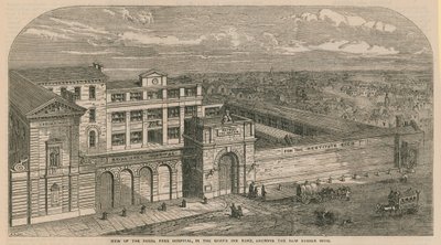 Vista del Royal Free Hospital in Grays Inn Road, mostrando la nuova Sussex Wing da English School