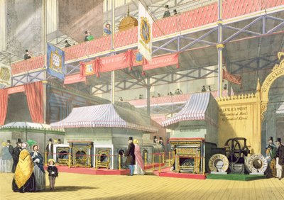 Vista dello stand della ferramenta di Sheffield e delle esposizioni della Great Lane Works alla Grande Esposizione del 1851, da Dickinsons Comprehensive Pictures da English School