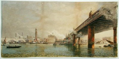 Vista della riva sud del Tamigi tra i ponti di Waterloo e Hungerford, c.1870 da English School