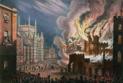 Veduta della distruzione di entrambe le Case del Parlamento, 16 ottobre 1834 da English School