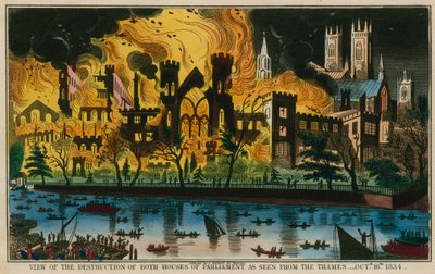 Veduta della distruzione di entrambe le Case del Parlamento vista dal Tamigi, 16 ottobre 1834 da English School