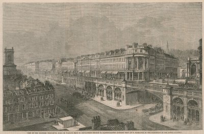 Vista della strada sopraelevata proposta o viadotto da St Sepulchres Church a Hatton Gardens da English School