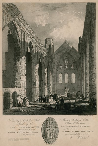 Veduta delle rovine della Cappella di St Stephen dopo la sua distruzione per incendio da English School