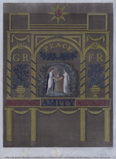Veduta della splendida illuminazione alla casa di M Otto in Portman Square, Londra, la sera della proclamazione della pace, 29 aprile 1802 da English School