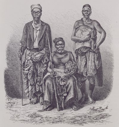Capo villaggio della Costa di Loango, con moglie e dignitario, inciso da una fotografia del Dr. Falkenstein, da 