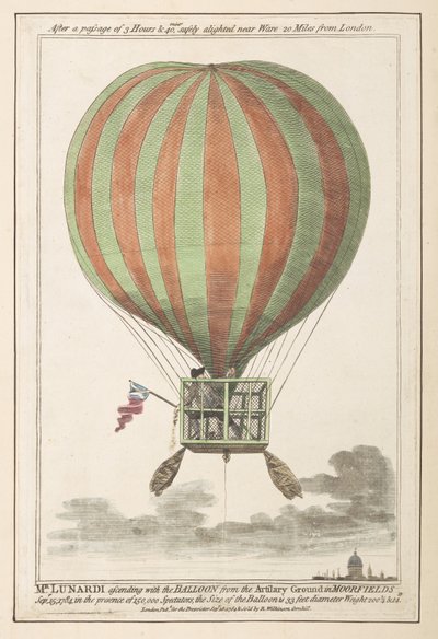 Vincent Lunardi in volo dopo la sua ascesa da Moorfields, settembre 1784 da English School